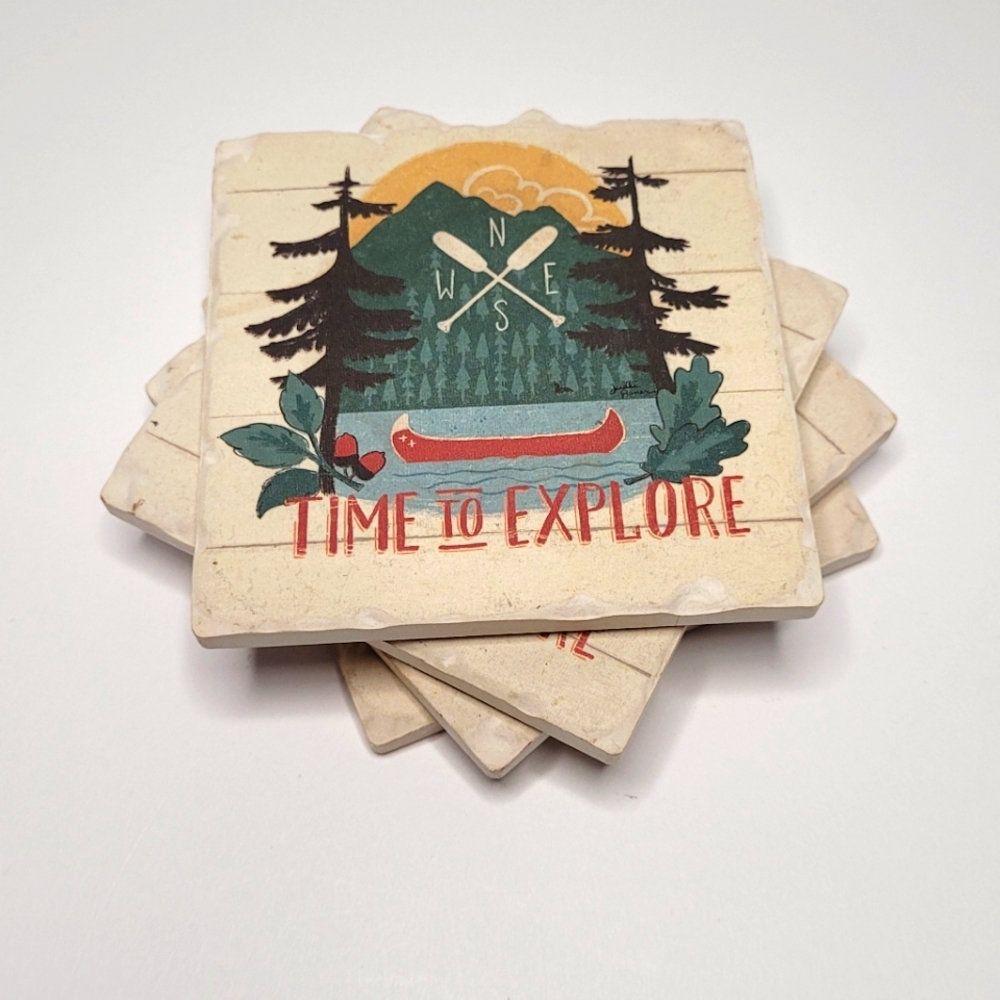 Lake Cabin Art Vintage Coasters Set of 4 Time to Explore